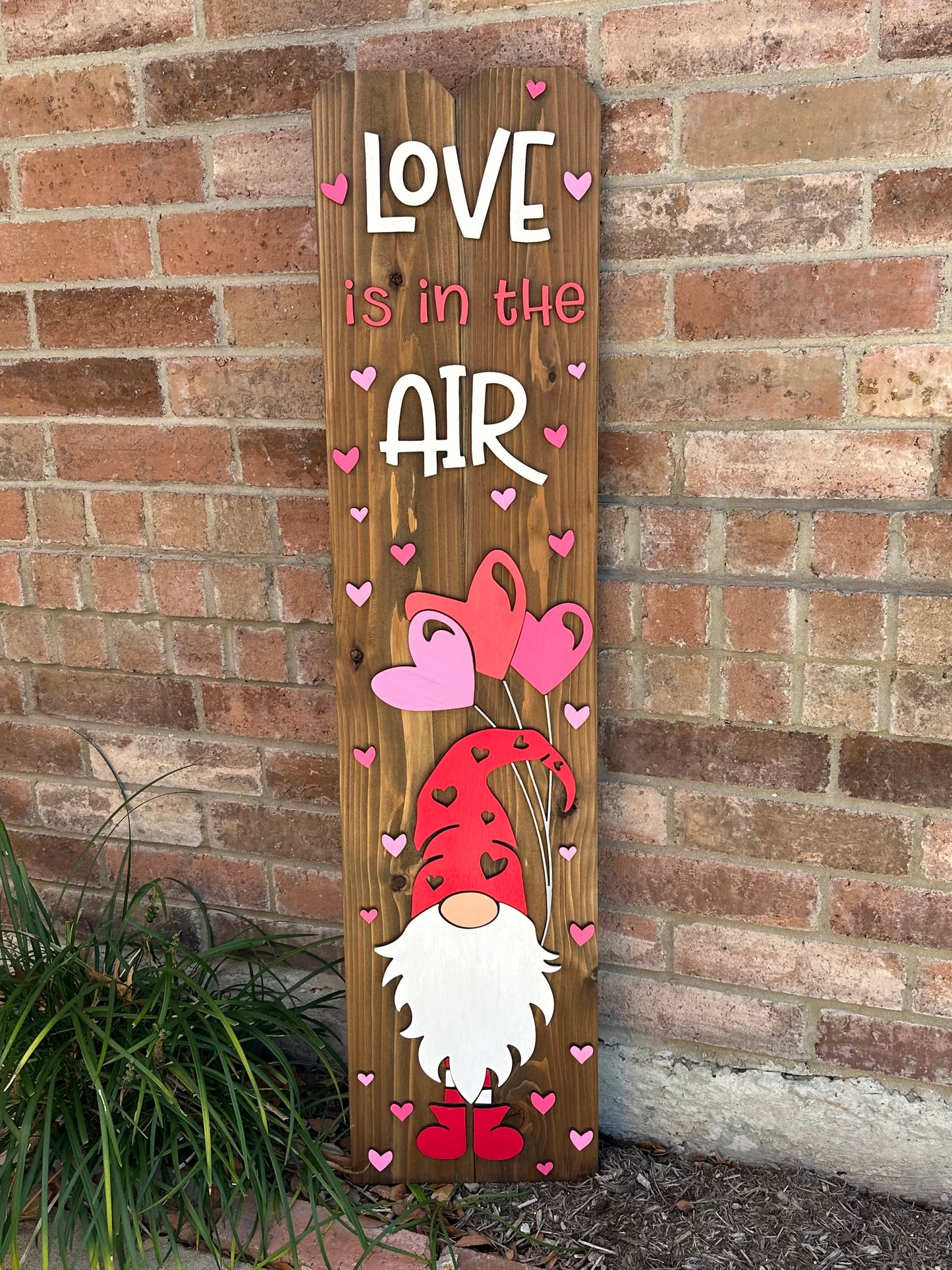 Love Is In The Air Gnome Porch Sign w/ Heart Balloons - 45" Picket Valentine Decor. Tall welcome entry sign to celebrate the season of love