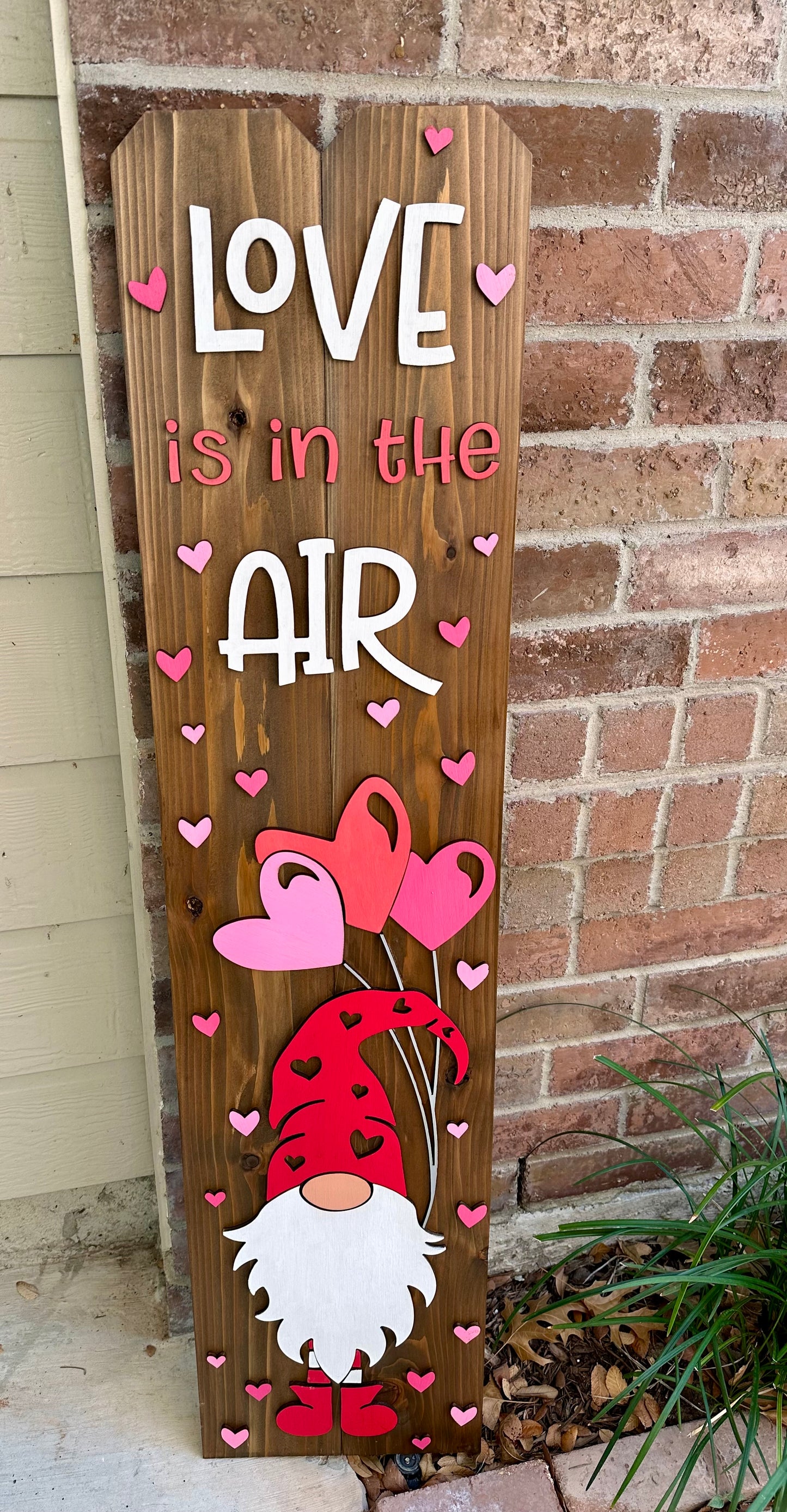 Love Is In The Air Gnome Porch Sign w/ Heart Balloons - 45" Picket Valentine Decor. Tall welcome entry sign to celebrate the season of love