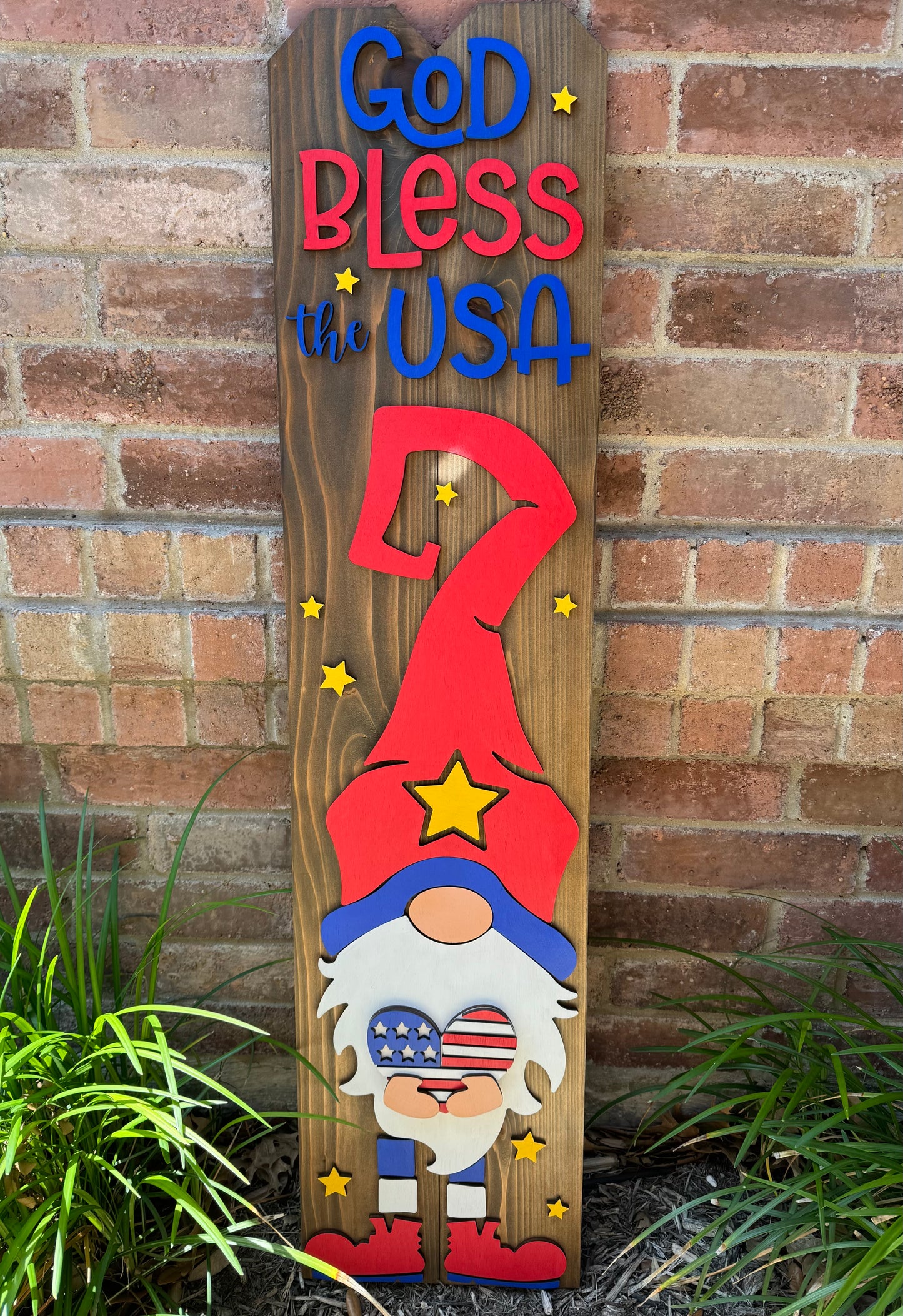 Patriotic Gnome Porch Entry Sign Leaner - God Bless the USA - 45" Picket Decor for Summer Outdoor Welcome Sign. Celebrate Freedom.