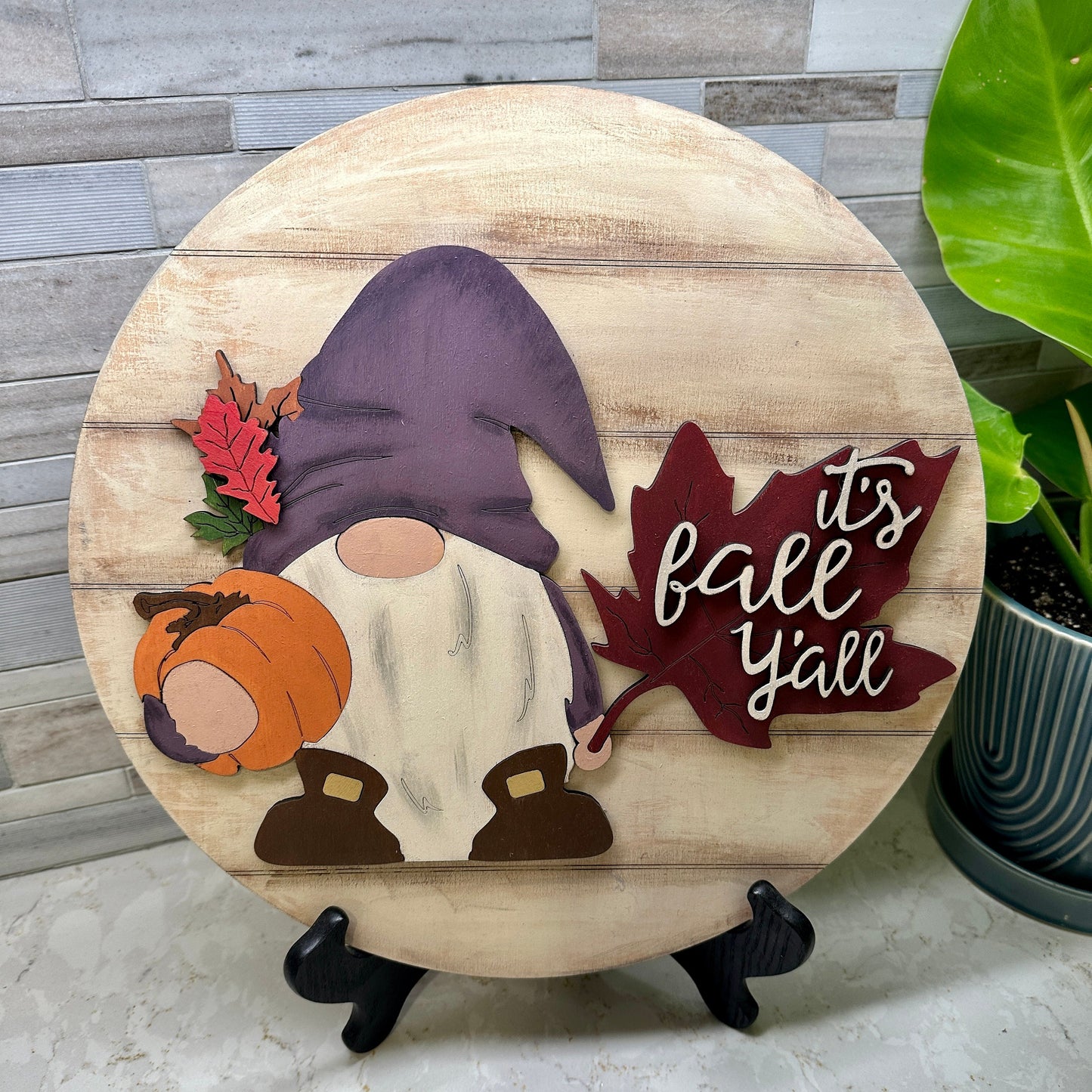 Handmade & Hand Painted Round 3D Gnome Sign with multiple layer - Celebrate Fall with "It's Fall Y'all"