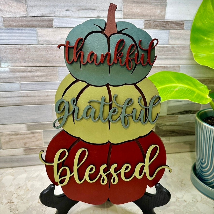 Handmade Pumpkin Sign - Thankful, Grateful & Blessed - Fall Home Decor Accent Crafted with Love. Perfect for kitchen, entryway, or any wall.