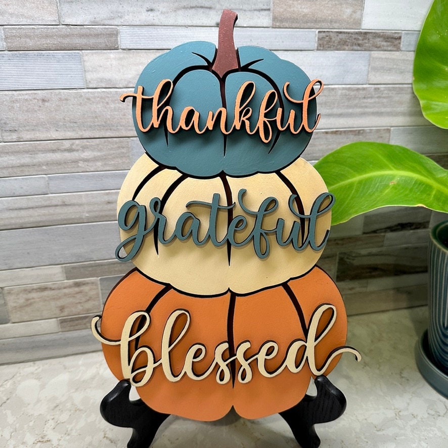 Handmade Pumpkin Sign - Thankful, Grateful & Blessed - Fall Home Decor Accent Crafted with Love. Perfect for kitchen, entryway, or any wall.