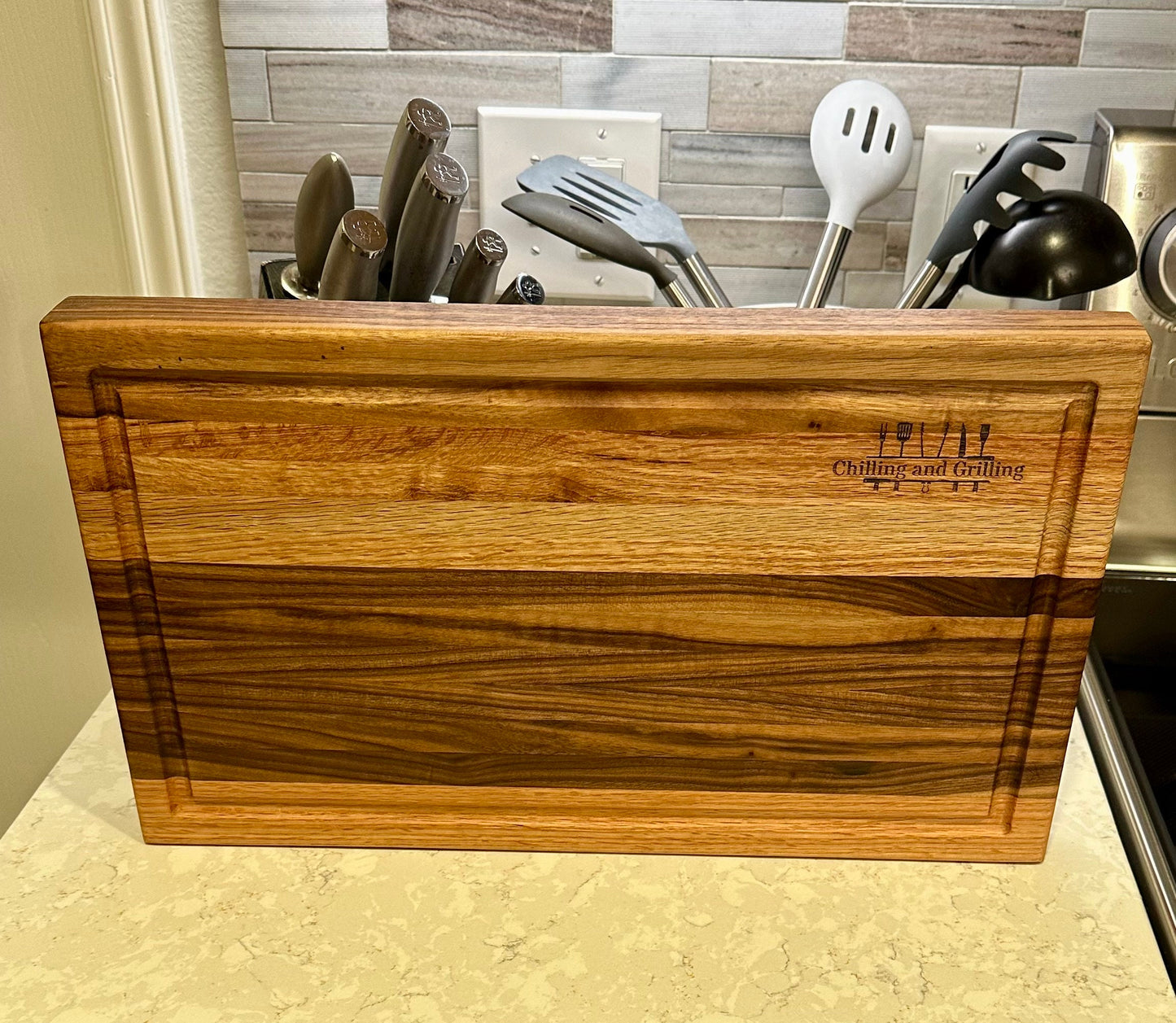 Large Walnut and Maple Edge Grain Cutting Board "Chilling and Grilling" Wooden Chopping Board with Juice Groove. Handmade in the USA.