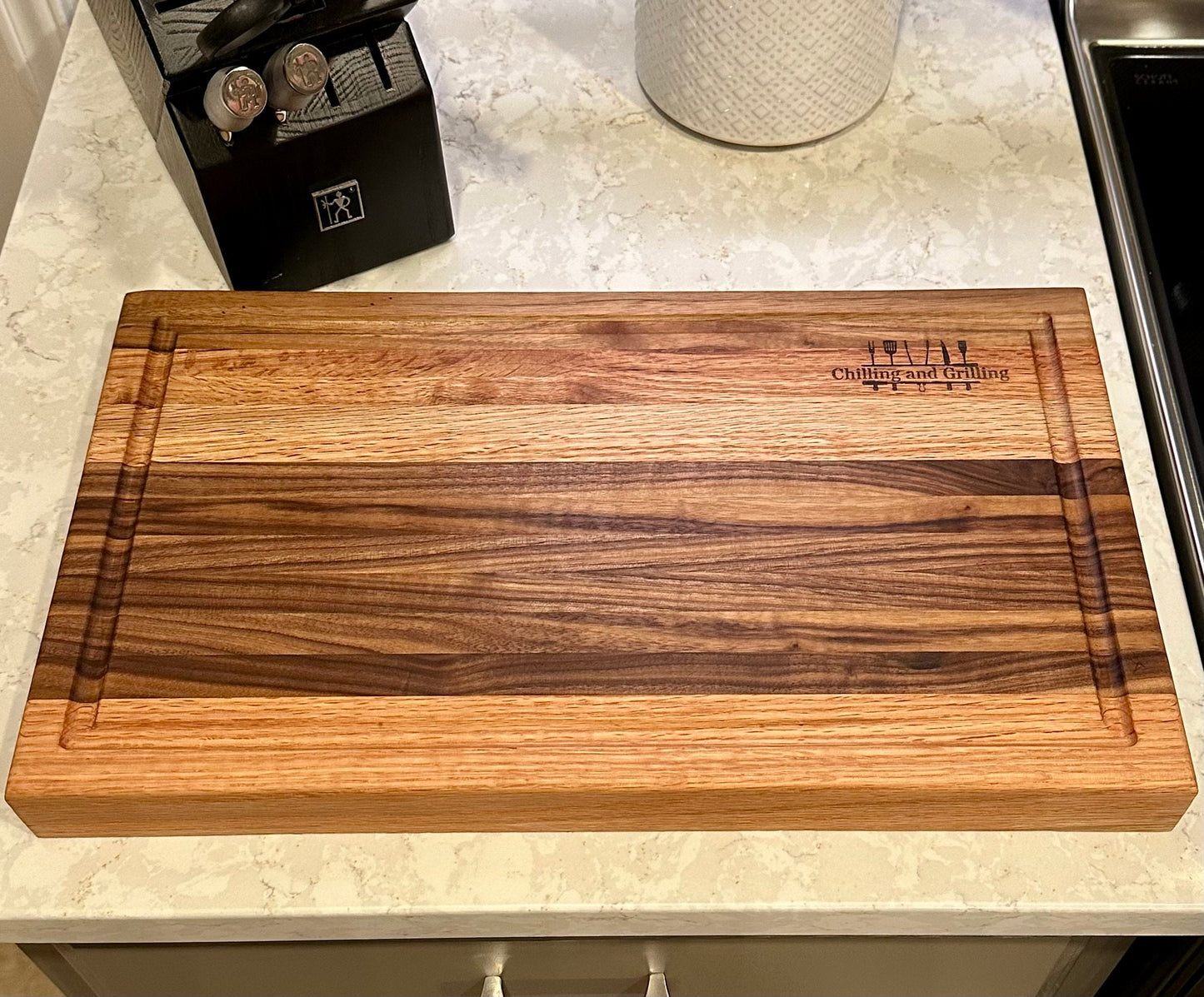 Large Walnut and Maple Edge Grain Cutting Board "Chilling and Grilling" Wooden Chopping Board with Juice Groove. Handmade in the USA.