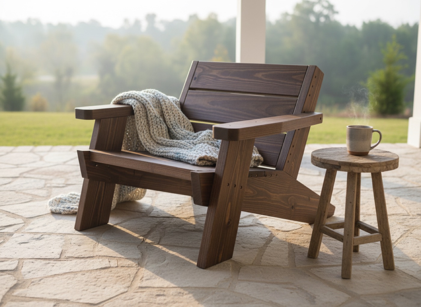 Custom dark walnut Adirondack lounge chair on stone patio