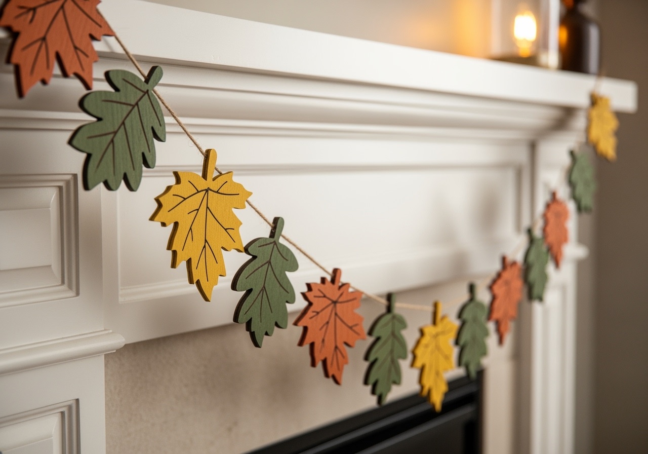 Handcut fall leaf wood garland in autumn colors hung along white fireplace mantle